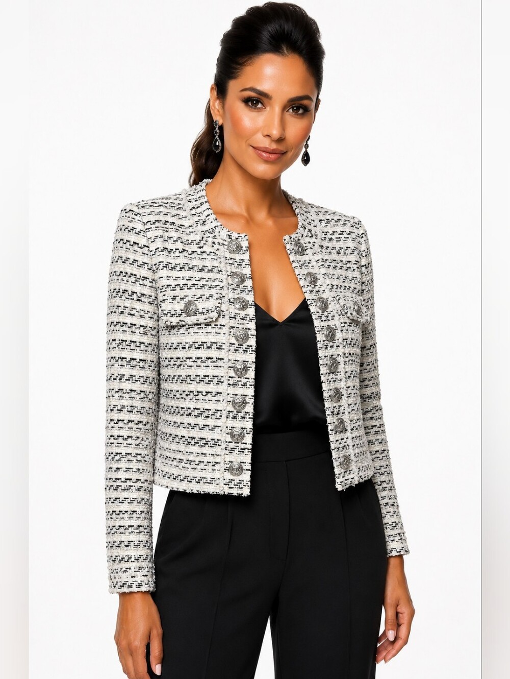 Generation Love Karson Tweed Blazer Jacket White Black Metallic NWT Size L